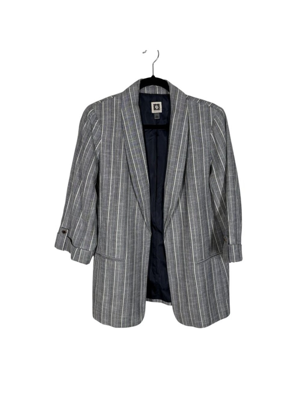 Anne Klein Sz M Navy Striped 3/4 Roll Tab Sleeves Shawl Collar Open Front Blazer